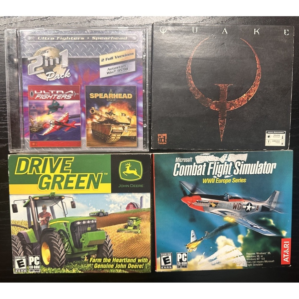 Lot of 4 Vintage PC CD-ROM Games Quake Combat Flight John Deere Drive Green